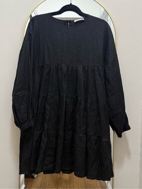 DISSH tiered black linen long sleeve mini dress - size US 6